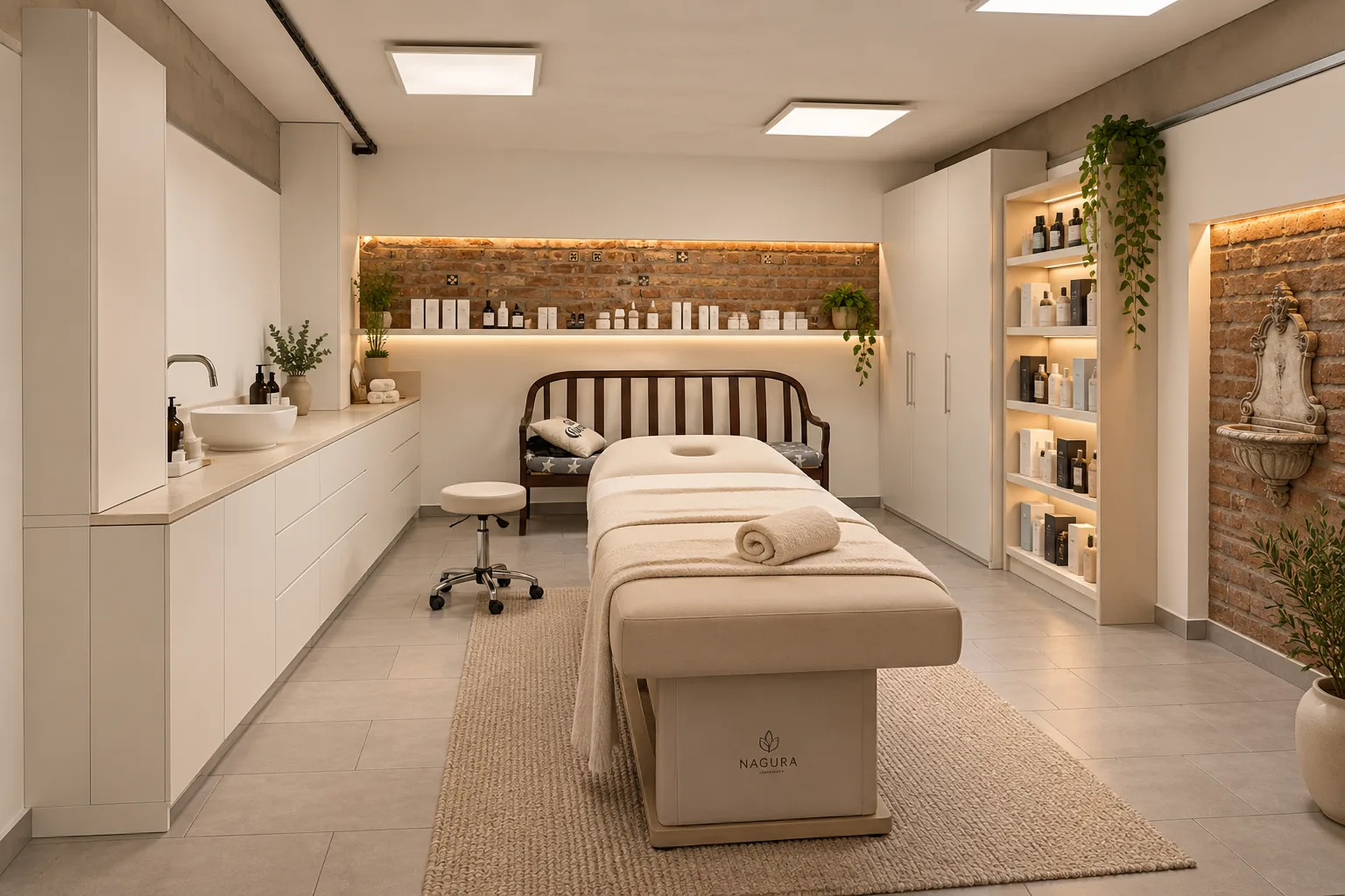 Behandlungsraum im Salon Mariahilfer Straße 13/7 mit Kosmetikliege, Waschbecken und Produktregal